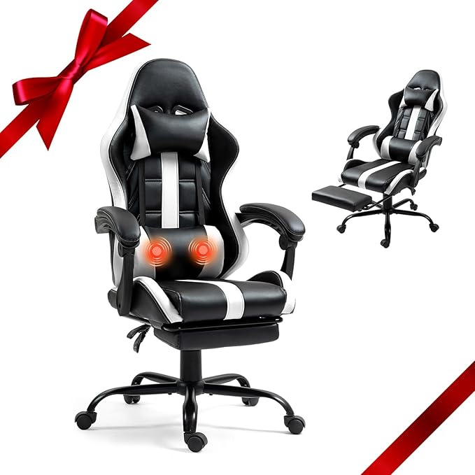 ECOTOUGE Massage Gaming Chair Video Game Chair with Footrest Ergonomic Computer Chair with Headrest and Massage Lumbar Support Height Adjustable High Back Office Desk Chair with 360° Swivel White