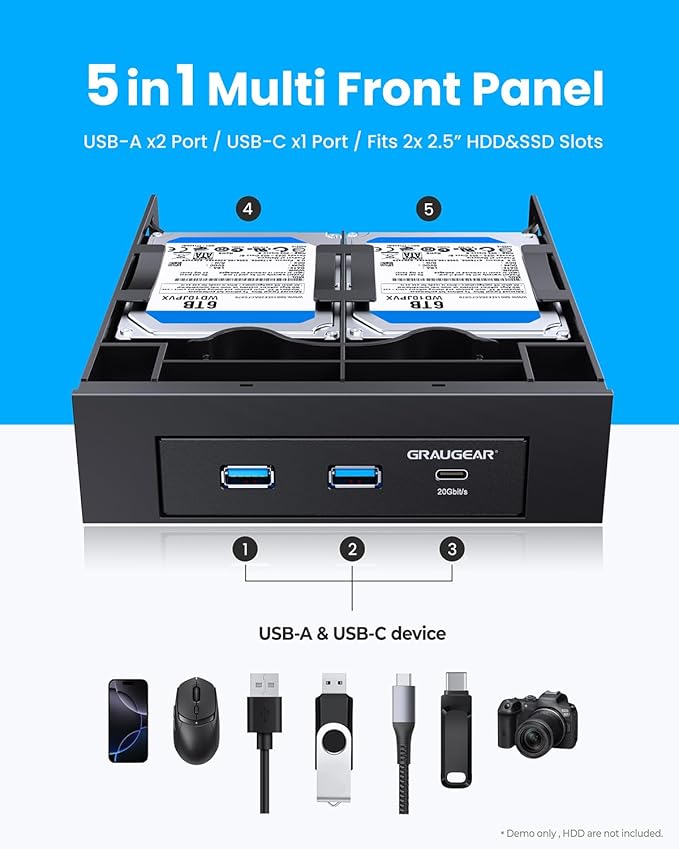 GRAUGEAR 5.25 Inch Internal USB Hub Front Panel – USB‑C 20Gbps + 2X USB‑A 5Gbps Dual 2.5″ SSD/HDD Bays Fits 5.25″ Bay USB 3.2 A-Key 20-Pin &amp USB3.0 19‑Pin Headers PC Case Desktop Expansion