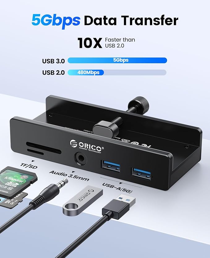 ORICO USB Hub 3.0 Clamp USB Hub with Extra Power Port Aluminum USB C Adapter with 2 USB-A Data Ports3.5mm AUX SD/TF Card Reader for Desktop(Black)