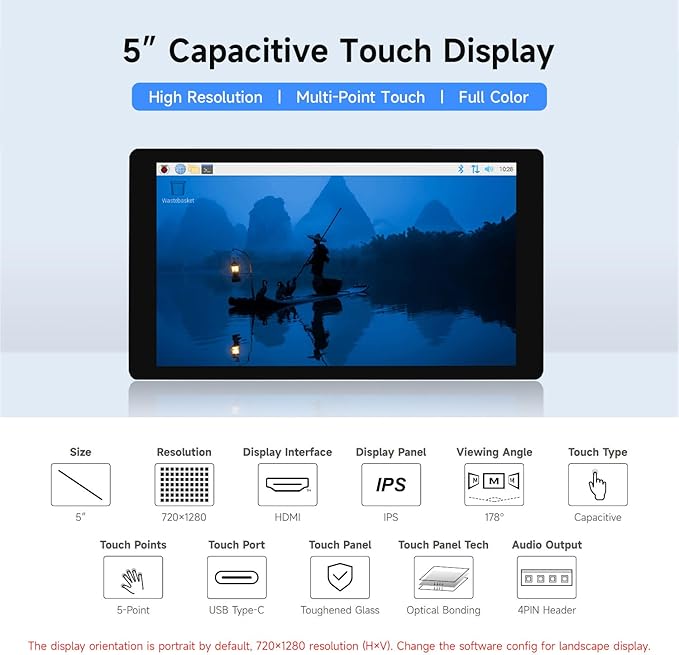 waveshare 5inch Capacitive Touch Display Compatible with Raspberry Pi 5/4B/3B/Zero/Zero W/Zero 2W/Pico/Pico W/Pico WH Supports Windows 11/10/8.1/8/7 Support Jetson Nano/Jetson Orin Nano