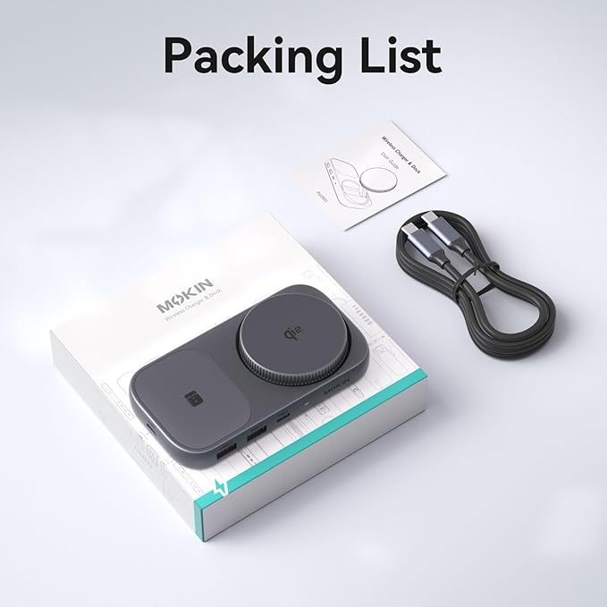 MOKiN USB C Hub 15W Wireless Charger Qi2 Certified Magsafe Charging Stand with 4K@60Hz HDMI 100W PD 10Gbps USB C/A and 5W Charging Pad Laptop Docking Station for MacBook/Windows