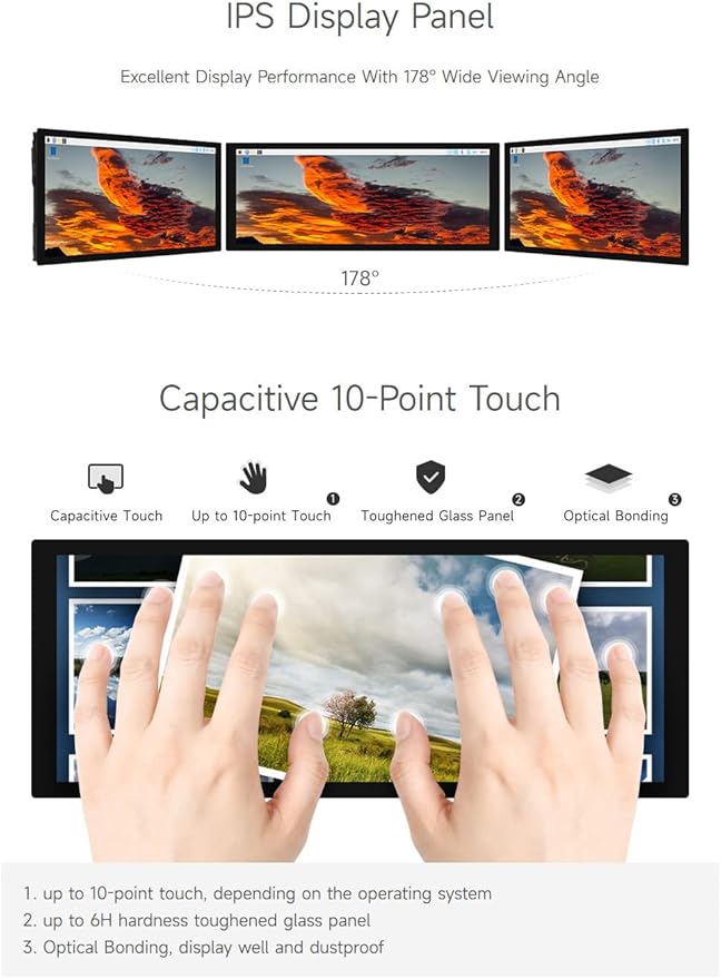 waveshare 9.3inch Capacitive Touch Display 1600×600 Resolution Raspberry Pi 5/4B/3B/Zero/Zero W/Zero 2W/Pico/Pico W/Pico WH Support Jetson Nano/Jetson Orin Nano Supports Windows 11/10/8.1/8/7
