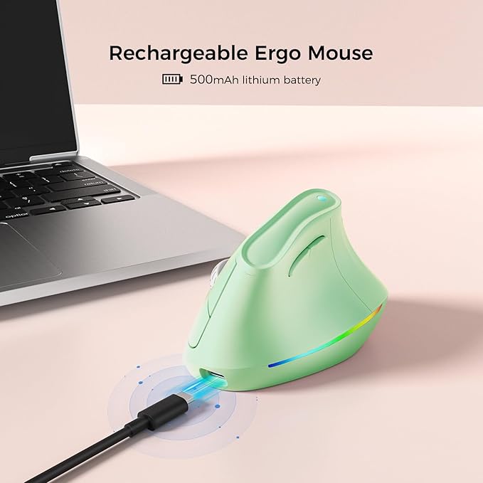 KYSONA 57° Wireless Ergonomic Mouse Vertical Mouse Carpal Tunnel Mouse RGB Light Rechargeable Bluetooth &amp 2.4G 5-Level DPI Adjustment Quiet Click Ergo Mice Compatible with PC/Laptop/Mac Gr