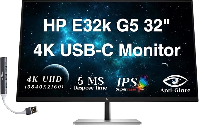 HP E32k G5 32 4K USB-C Monitor with 5ms Response Time Anti Glare Flicker Free VESA Mount (100mm) Displayport HDMI &amp Dockztorm USB Port Expander Black/Silver Color (6N4D6AA#ABA)