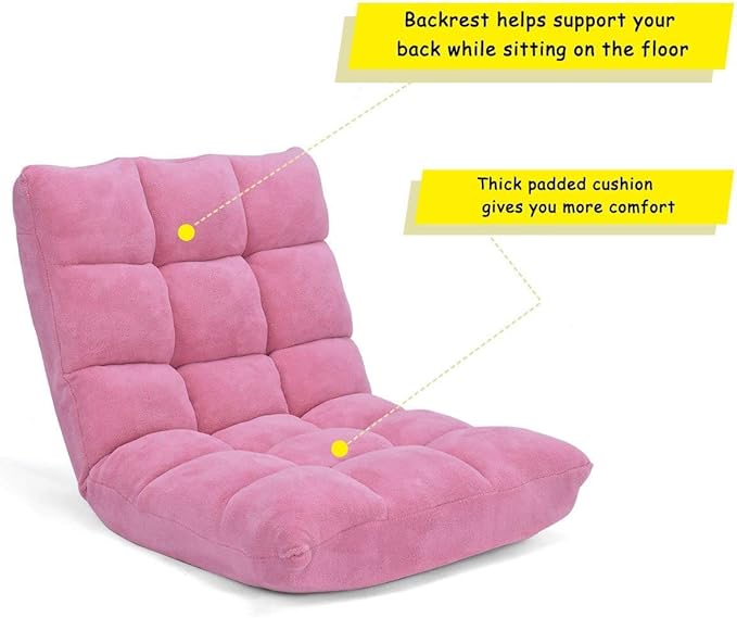 Floor Chair Lounger Folding Gaming Sofa Chaise Lounge with 14 Adjustable PositionSteel FrameSponge Padded Sleeper Bed Couch Recliner(Pink)