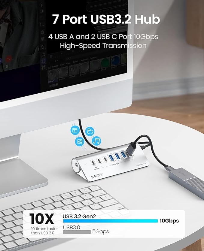 ORICO 7 Port USB Hub 10Gbps Aluminum USB 3.2 Gen 2 Hub 6 USB 3.2 Data Ports 1 PD 60W Ports 24V 3A Power Adapter 3.28Ft A to C Cable USB Data Hub for Laptop