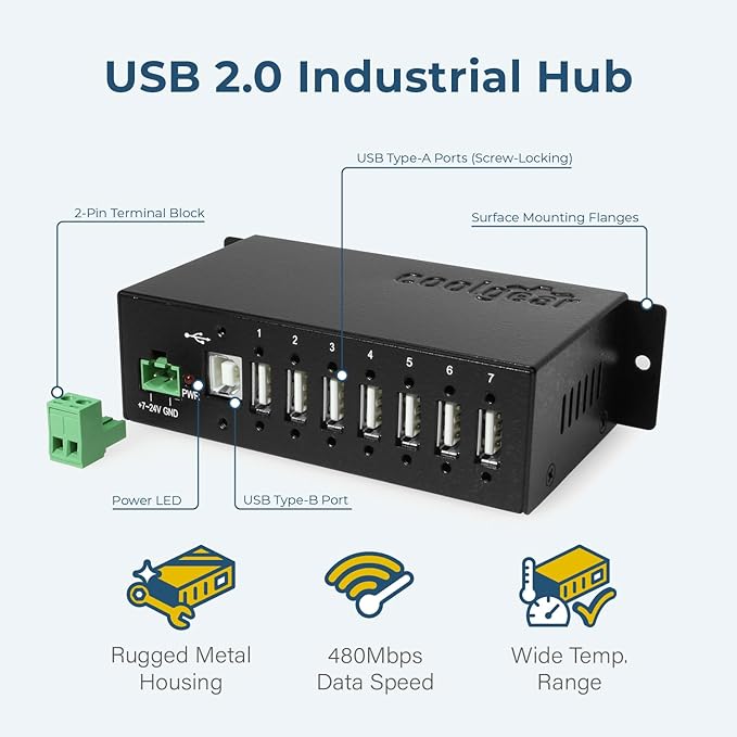 Coolgear Industrial 7-Port USB 2.0 Hub with Secure Screw-Locking Ports | Surface &amp DIN-Rail Mountable | 480 Mbps Data
