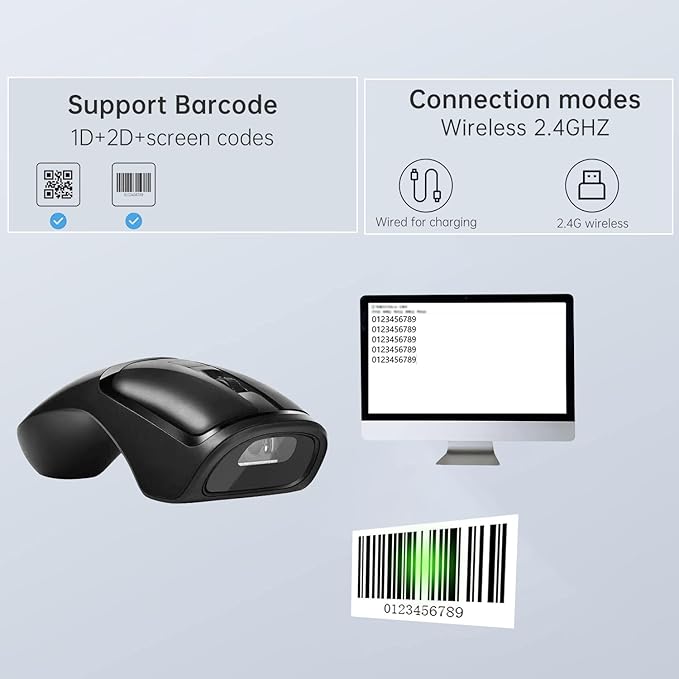 New Wireless Mouse Barcode Scanner 2-in-1 Design 2D Handheld Barcode Scanner with Wireless Mouse Functions for POS SystemStoreSupermarket Warehouse.(Black)