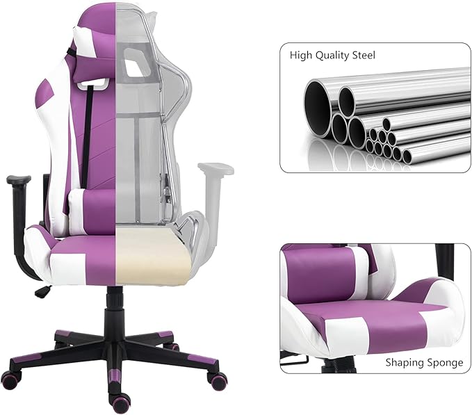 Modern-Depo Gaming Chair with Headrest and Lumbar Support Height Adjustable Swivel Office Chair High-Back Recliner Purple White
