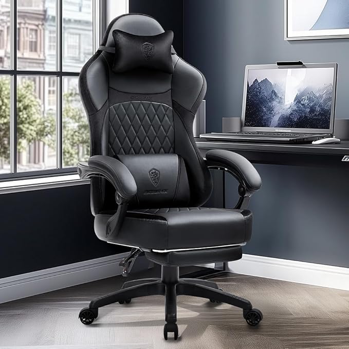 Dowinx 665TE0A Gaming Chair with Pocket Spring Cushion Ergonomic Computer Chair with Massage Lumbar and Footrest for Adults High Back Game Chair Leather for Office Gaming 300LBS