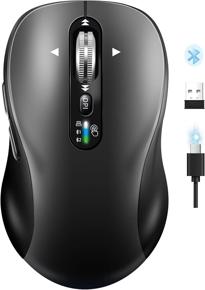 Wireless Bluetooth MouseMulti Device Ergo Computer MousesMetal 4-Way Super Scrolling± 3200 DPI10 ButtonsPlug&ampPlayQuietRechargeableUSB Cordless Mice for LaptopTabletMaciPadPCPhone (Gre