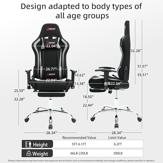 Fabric Gaming Chair Skin-Friendly and Breathable Manufactured by A Reputable Manufacturer Safe and Stable Specially Designed for Gaming.with Footrest Mg(1005-Gray)