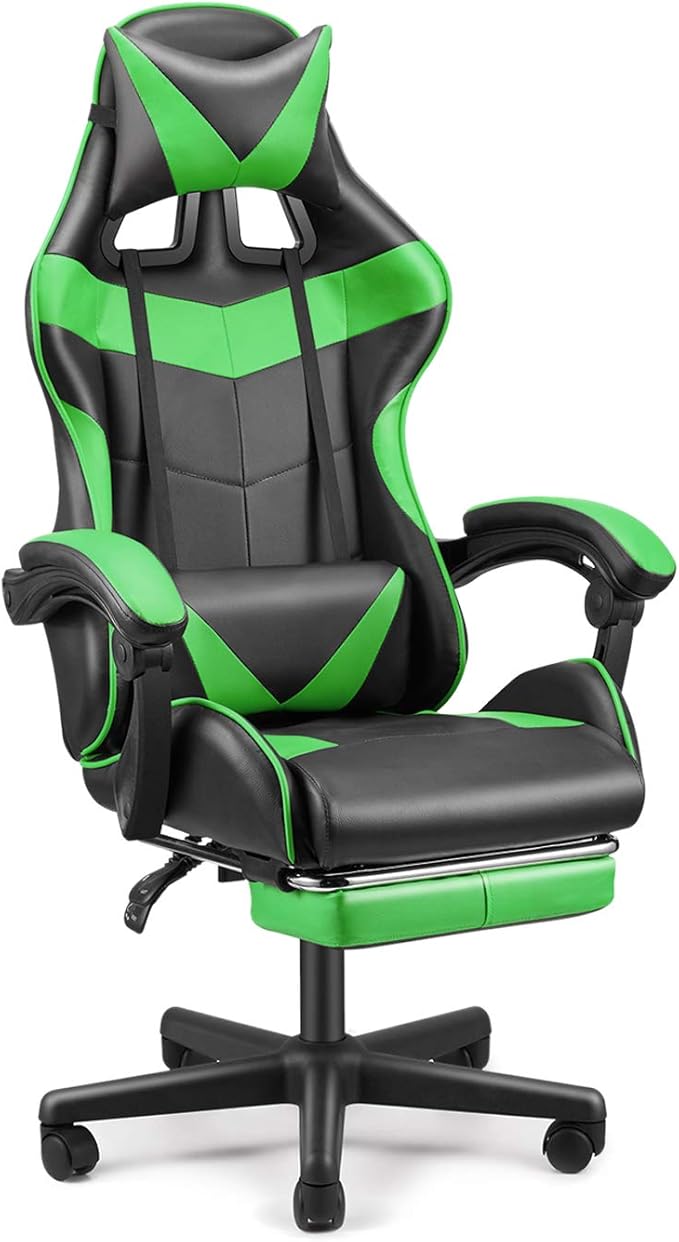 Huracan Gaming Computer Chair with Footrest Adjustable Video Game Chairs for Adults Heavy Duty Office Chair with Headrest and Lumbar Support Green