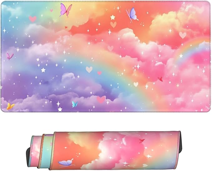 Rainbow and Clouds with Butterflies Desk Cover MatExtended Large Mouse PadComputer Laptop Mat Desk Decor for Office Game Home 30x16 Inch