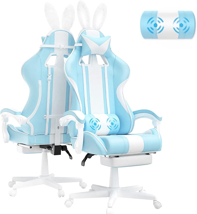Ferghana Kawaii Light Blue Gaming Chair with Bunny Ears Ergonomic Cute Gamer Chair with Footrest and Massage Racing Reclining Leather Computer Game Chair 250lbs for Girls Adults Teens Kids