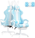 Ferghana Kawaii Light Blue Gaming Chair with Bunny Ears Ergonomic Cute Gamer Chair with Footrest and Massage Racing Reclining Leather Computer Game Chair 250lbs for Girls Adults Teens Kids