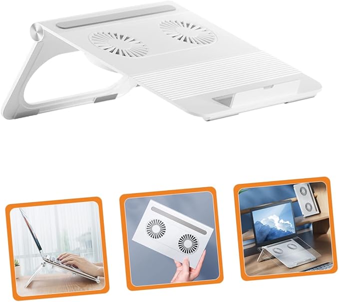 Laptop Stand with Dual Cooling Fans Stable Triangle Frame Non Slip Silicone Pads Foldable Notebook Holder with Storage for USB Memory Cards Compatible with Laptops