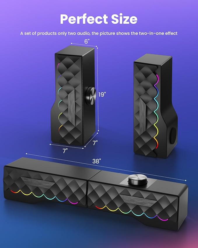 PC Speakers - 2 in 1 Detachable Computer Speakers with LED for Dynamic and Cool Gaming - Gaming Speakers with USB Cable for Desktop PC Monitor Laptop Gaming Equipment