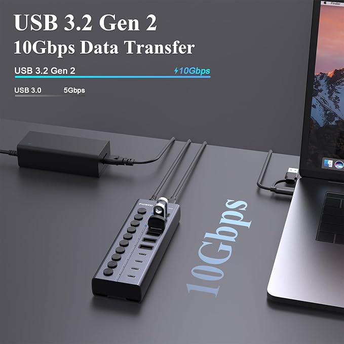 FIDECO 60W Powered USB Hub for Laptop and PC 10-Port 10Gbps USB Splitter with 12V 5A Power Adapter Aluminum USB 3.2 Gen 2 Multiport Adapter 6 USB-A and 4 USB-C Ports Support BC1.2 Charging