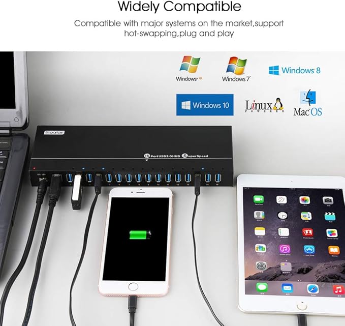 Powered USB Hub - 16 Ports 120W USB 3.0 Hub - Charging hub for Multiple Device with 12V/10A Power Adapter - Output of Max 1.2A Per USB Port - Meta Casing - LEDs - Din-Rail/WallMount Hub
