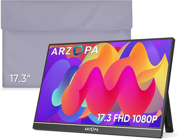 ARZOPA Portable Monitor &amp Sleeve 17.3'' 1080P FHD Laptop Monitor &ampPU Sleeve Bag Combination