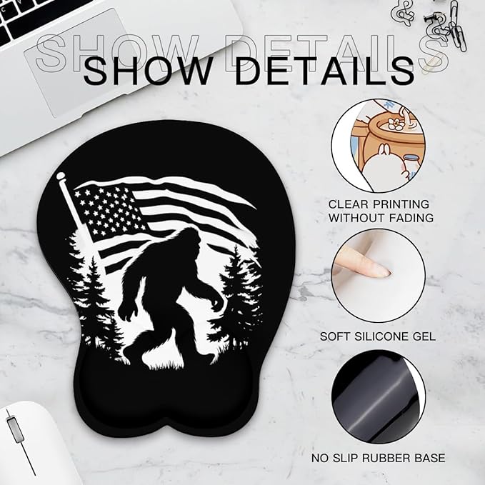 Mousepad Bigfoot with America Flag Forest Sasquatch 1 Ergonomic Wrist Support Non-Slip Base Mouse Mat with Wrist Rest Computer Mousemat for Desk Work Accessories Pad