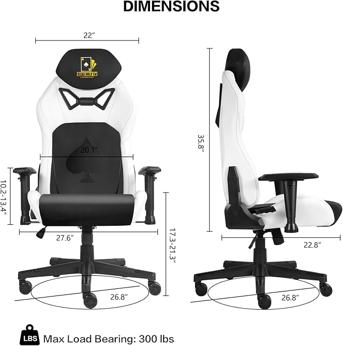 Ergonomic Video Poker Gaming Chair Recliner with Texas Hold'em Sign Swivel Chair with Poker Logo Lumbar Support Headrest Height Adjustable for Study Home Office White Black Poker 3