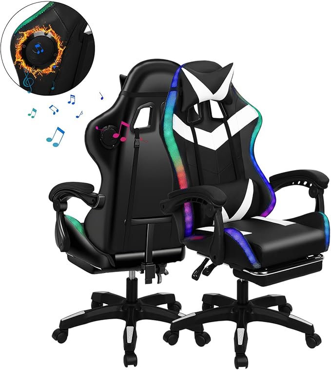 Gaming Chair with 2 Bluetooth Speakers &amp Lights Ergonomic High-Back Office Chair with Headrest &amp 135° Recline 360° Swivel Height Adjustable Faux Leather Computer Chair for Gaming Office &am