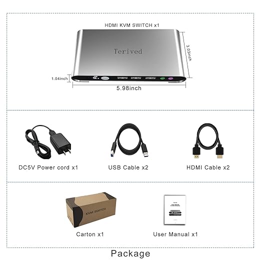 2 Port HDMI USB 3.0 KVM Switch with Aluminum Alloy Shell and Digital DisplayAudio/Microphone 4K@60HzhotkeyAuto EDID HDR10 with Cables