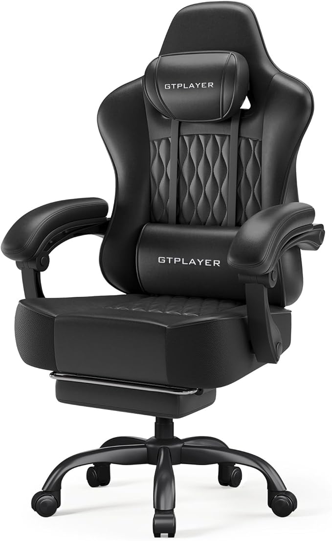 GTPLAYER Big and Tall Gaming Chair with Footrest Ergonomic Office Desk Chair with 4.4in Thick Cushion and Wide Wingless Seat Comfortable Leather Computer Chair Predator Series Black with Trim