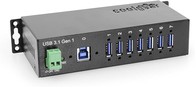 Coolgear Industrial 7-Port USB 3.2 Hub with Screw-Locking Ports 5Gbps Speeds and Surge Protection