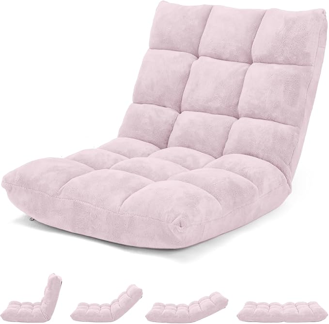 GORELAX Memory Foam Floor Chair 14-Poistion Adjustable Floor Reading Gaming Chair Recliner Folding Cushioned Meditation Chair with Back Support Padded Lazy Sofa Chair for Adults Kids (Light Pink)
