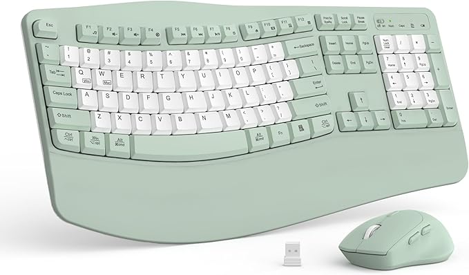 Wireless Keyboard and Mouse Combo2.4G Full Size Wave Keys Ergonomic Keyboard with Wrist Rest for Natural Typing 3 DPI Adjustable Ergonomic Mouse for Computer/Laptop/Windows/Mac (Avocado Green-B)