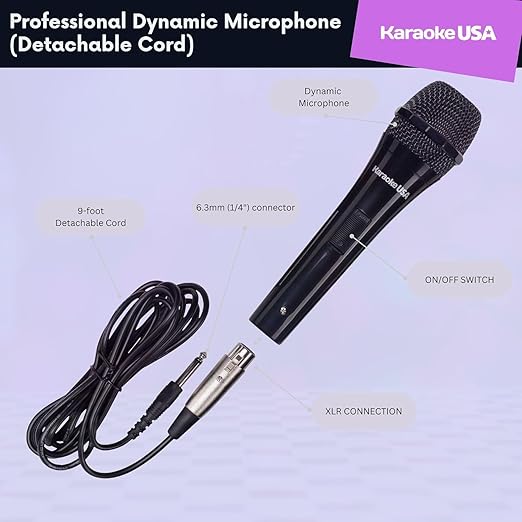 Karaoke USA OM189 Professional Dynamic Karaoke Microphone | Durable Detachable Corded Mic with 6.3mm (1/4) to XLR Plug | Clear Balanced Sound for Karaoke Machines PA Systems &amp Events