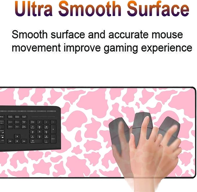 XMTMR-Glass Extended Gaming Mouse Pad with Seam Long XL Desktop Keyboard Pad Suitable for Work/Game/Office/Home Butterfly Wrist Rest Pad and Coaster White and PinkCow Grain