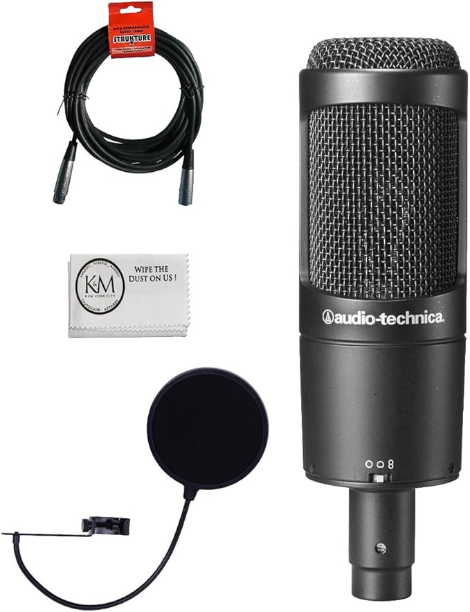 Audio-Technica AT2050 Multi-Pattern Condenser Microphone Bundle with Pop Filter XLR Cable and Austin Bazaar Polishing Cloth