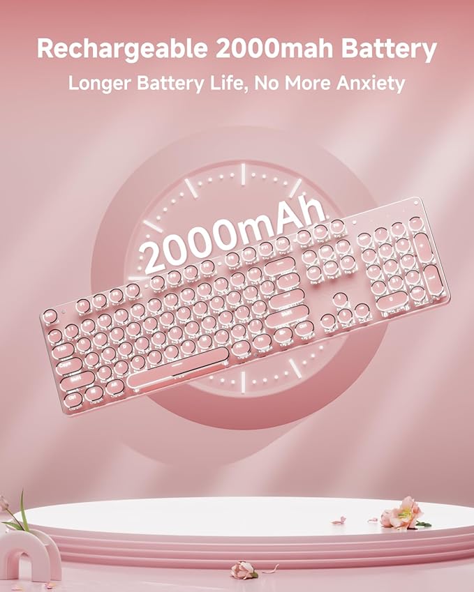 EWEADN TK950 Typewriter Keyboard Wireless Mechanical Keyboard 104 Keys Aesthetic Typewriter Keyboards with White Backlit Anti-Ghosting Blue Switch Bluetooth/2.4GHz/Wired Keyboards-Pink