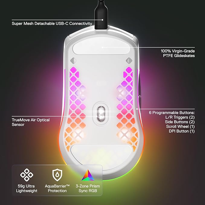 SteelSeries Aerox 3 - Holey RGB Gaming Mouse - Ultra-lightweight Water Resistant Design - 8500 DPI TrueMove Core Optical Sensor - Snow