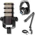 Rode PodMic Dynamic Podcast Microphone with Rode PSA1 Microphone Boom Arm StreamEye Cans50 Podcast Headphones and XLR Cable