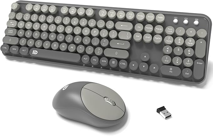Wireless Keyboard and Mouse Combo 2.4 GHz Wireless Full-Sized Typewriter Keyboard with Round Keycaps for Windows Computer Desktop PC Laptop (Grey)