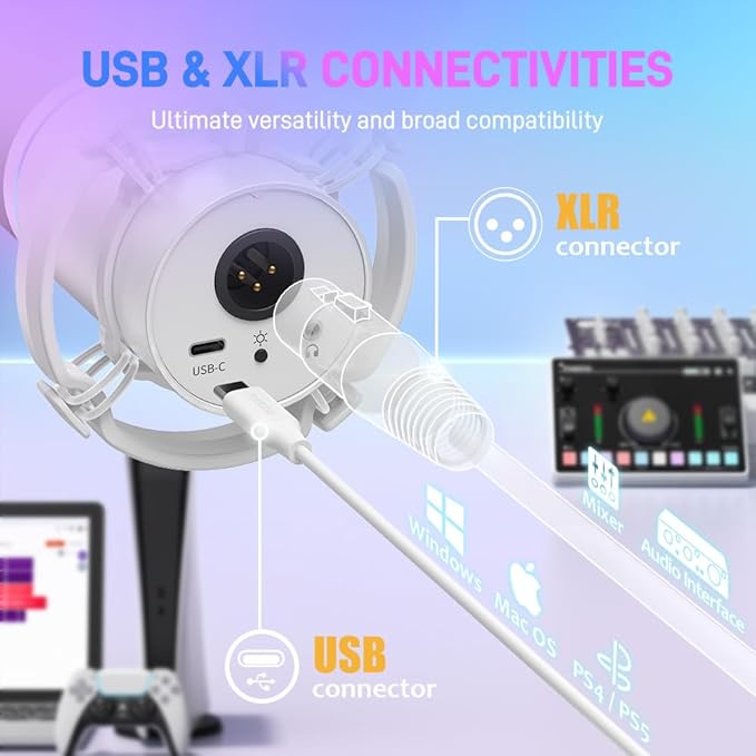 MAONO XLR/USB Dynamic Microphone RGB Gaming Mic with Software Mute Gain Knob Volume Control and Headphone Jack for Streaming Podcasting Recording-PD200X (White)