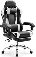 Video Game Desk Chair Ergonomic Computer with Footrest and Comfy Lumbar Support PU Leather Recliner with Headrest Fixed Up Armrest Height Adjustable with 360° Swivel for Adults White