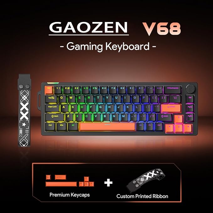 68% Wired Gaming Keyboard with Volume Knob RGB Backlit Mechanical Keyboard Gasket Mount with PBT Keycaps8000 Hz Polling Rate Hall Effect Cream Switches Hot-Swap for FPS Games (Black+Orange)