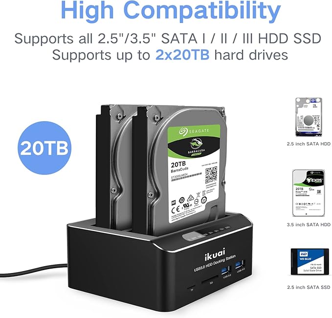 SATA to USB 3.0 Dual Bay Hard Drive Dock for 2.5/3.5 SATA HDD SSD with Micro SD Card Reader 2 USB 3.0 Port Offline Clone Function External Hard Drive Docking Station 2X20TB and UASP Support
