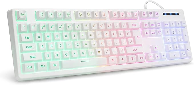 HUO JI White Gaming Keyboard USB Wired with Rainbow LED Backlit Floating Keys Mechanical Feeling Spill Resistant Ergonomic for Xbox PS Series Desktop Computer PC
