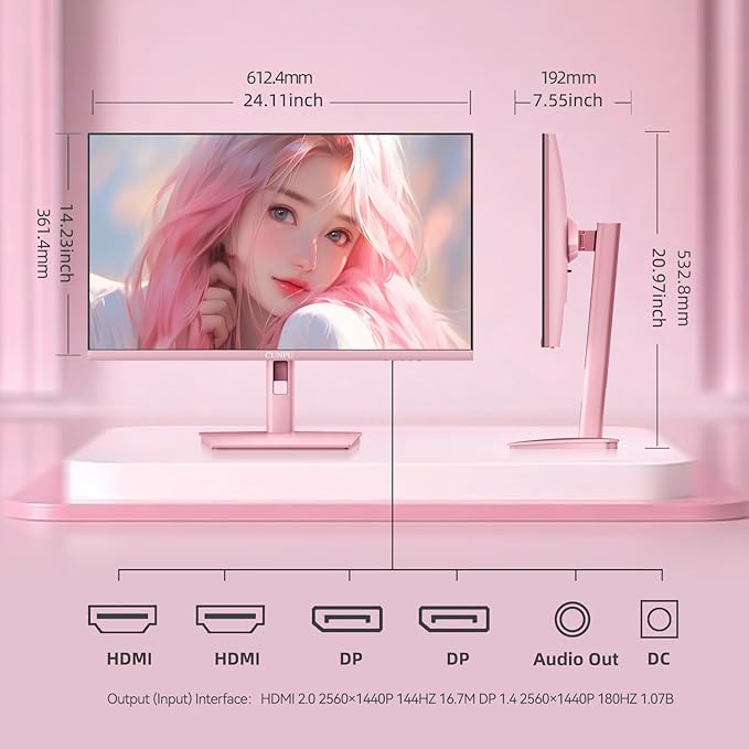 27 Inch Pastel Pink Gaming Monitor QHD 2560x1440 180/200Hz 1ms GTG Fast IPS Computer Monitor 90% DCI-P3 Adaptive Sync Built in Speaker Height/Swivel/Tilt/Pivot Adjustable Stand HDMIDP