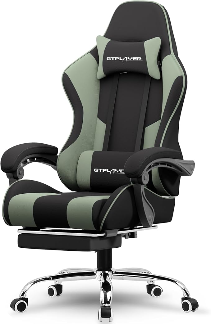 GTPLAYER Gaming Chair Computer Chair with Footrest and Lumbar Support Height Adjustable Game Chair with 360°-Swivel Seat and Headrest and for Office or Gaming (Green Fabric)