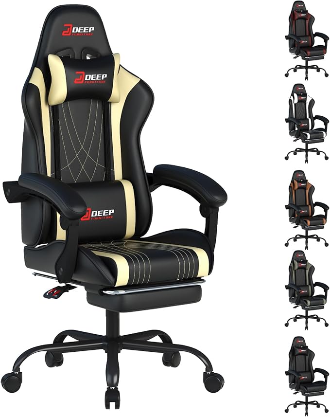 Ergonomic Gaming Chair with Footrest and Lumbar Massage Racing Office Chair High Back Computer Desk Chair with Headrest Pillow for Adults Video Game Chair for PC Gamer (1001-Beige)