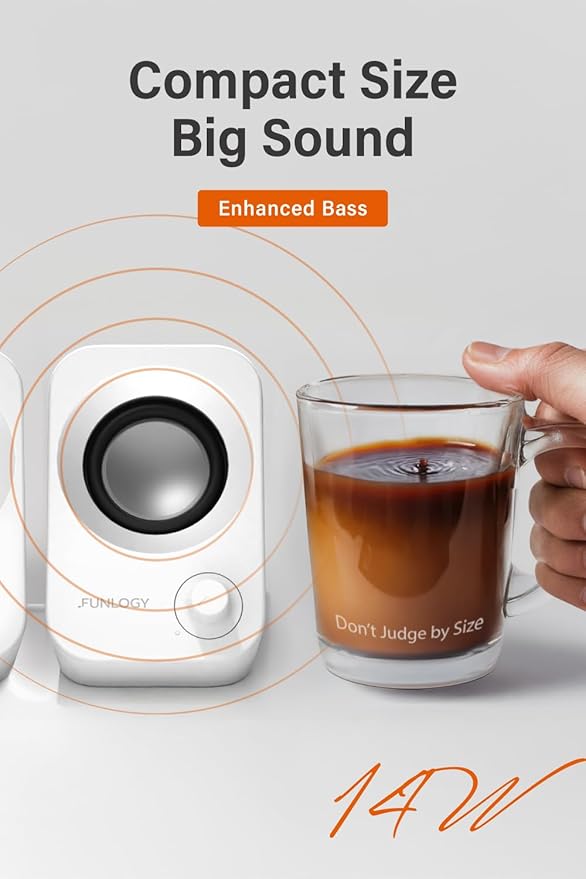 Speaker - 14W Stereo PC Speakers USB Powered Compact Size with 30° Tilt Design Volume Dial Control for Desktop Laptop Monitor Gaming Consoles White