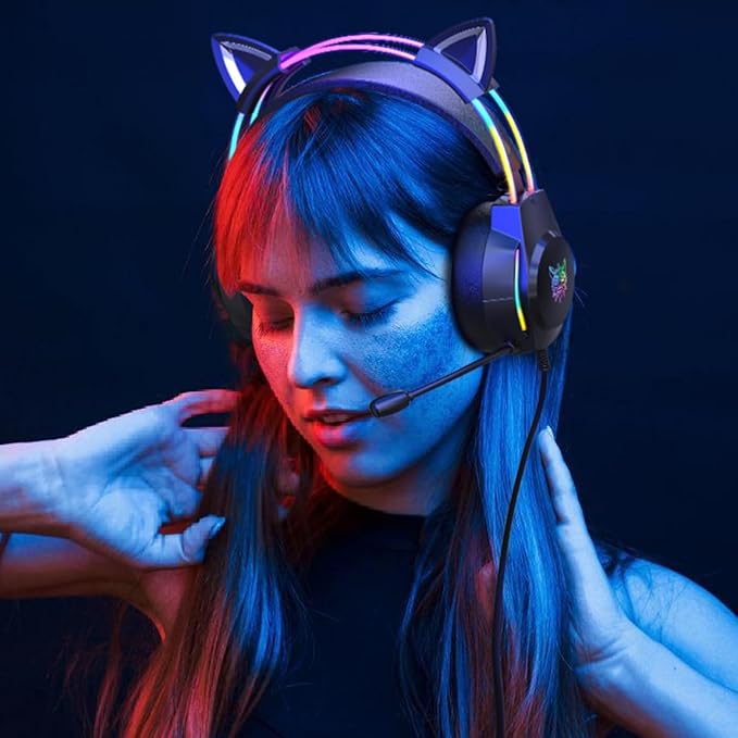 Gaming Headset with Microphone Cat Ear Headphones for PC Laptop PS4 PS5 Xbox Switch Rainbow RGB Lighting &amp Virtual Surround Sound 3.5mm Wired Over Ear Headphones Ergonomic